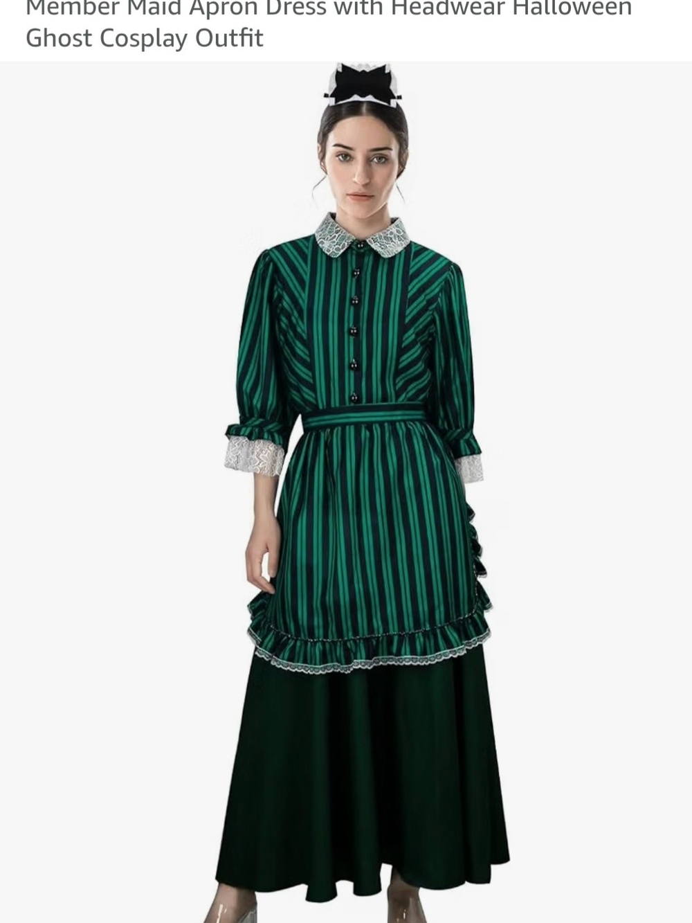Halloween Haunted Mansion Maid Costume with Apron in Black/Green/White
